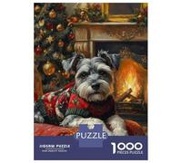Jigsaw Puzzles for Adults 1000 Piece Schnauzer in Christmas Sweater by Fireplace Cozy Christmas Dog Art Puzzles for Adults Hands-on Game Stress Reliever Stress Reduction Gifts 38x26cm/1000pcs