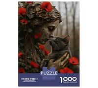 Jigsaw Puzzles for Adults 1000 Piece Statue with Cat And Red Poppies Puzzle for Adults Brain Teaser Game Difficult Hard Deal As Gifts for The Whole Family 70x50cm/1000pcs