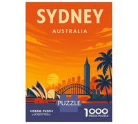 Jigsaw Puzzles for Adults 1000 Piece Sydney Australia Vintage Travel Poster - Opera House & Harbour Bridge Sunset Art Puzzle for Adults Relaxing Games Hand Speed Race Fun Activities at Home 70x50cm/10