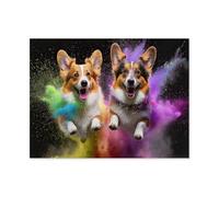 Jigsaw Puzzles for Adults 1000 Piece,Two Welsh Corgi Pembroke jumping in a colourful Holi powder colour cloud, Teens Boys Girls Puzzles for DIY Intellective Educational Game(75x50cm)-AH13