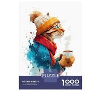 Jigsaw Puzzles for Adults 1000 Piece Watercolor Cat in with Coffee in Winter Adult Puzzles Brain Teaser Game Home Decoration Christmas Birthday Gifts 38x26cm/1000pcs