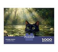 Jigsaw Puzzles for Adults 1000 Piece Whimsical Black Cat Peeking from Water Lily Pond - Impressionistic Digital Art Jigsaw Puzzle Brain Teaser Game Stress Reliever Unique Birthday And Xmas Gifts 52x38