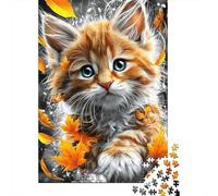 Jigsaw Puzzles for Adults 1000 Pieces Autumn Kitten with Leaves Puzzles for Adults Relaxing Games Presents for Women Challenging Game Gifts 52x38cm/1000pcs