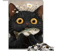 Jigsaw Puzzles for Adults 1000 Pieces Black Cat Eating Fish, Family Game Stress Reliever Difficult Challenge A Work of Art for Ages 14+ (Size 50x75cm)