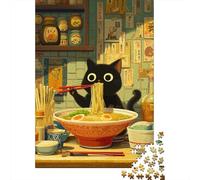 Jigsaw Puzzles for Adults 1000 Pieces Black Cat Eats Ramen Jigsaw Puzzle Kawaii Cat Wood Puzzle Family Decoration Multi Colour Fantasy & Mythology Therapeutic Fun 1000pcs (75x50cm)