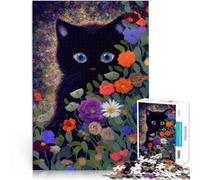 Jigsaw Puzzles for Adults 1000 Pieces Black cat in the flowers Made of wood,for age 14+ For family fun Improving love between couples。size:50x75cm/14.96x20.47inch