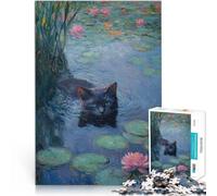 Jigsaw Puzzles for Adults 1000 Pieces Black Cat in Water Lilies Lernspielzeug Wunschliste mit dem Weihnachtsmann38x26cm