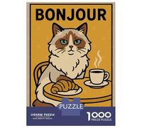 Jigsaw Puzzles for Adults 1000 Pieces Bonjour Mon Amour Cat Illustration Puzzle for Adults Brain Teaser Game Birthday Present Educational Challenge 70x50cm/1000pcs