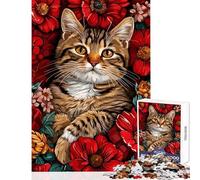 Jigsaw Puzzles for Adults 1000 Pieces Cat Portrait Surrounded by Red Flowers Impossible Game Difficult Challenge Educational Toy Improving Love between Couples (26X38cm)