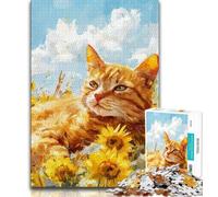 Jigsaw Puzzles for Adults 1000 Pieces Cat Sleeping in Sunflower Field Puzzles,Vibrant And Unique Design Relaxing & Challenging Puzzle Experience (size 75x50cm)