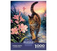 Jigsaw Puzzles for Adults 1000 Pieces Cat Walking Through Water with Flowers Puzzles for Adults Family Game For Family Fun Birthday Present, Gifts, 70x50cm/1000pcs