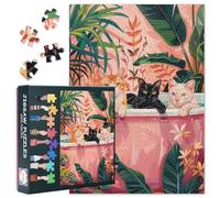 Jigsaw Puzzles for Adults 1000 Pieces - Cats in Tropical Bathtub Puzzle Lush Plants Relaxing Jigsaw Puzzles, Bothroom Illustration Art Puzzle Gift for Home Wall Decor (50x70cm)