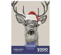 Jigsaw Puzzles for Adults 1000 Pieces Christmas Deer Portrait with Santa Hat Puzzle for Adults Brain Teaser Game Birthday Present Educational Challenge 70x50cm/1000pcs