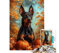 Jigsaw Puzzles for Adults 1000 Pieces Doberman with Pumpkins in Autumn Setting Teenager Puzzles Family Game Precision Cutting Challenging To Complete (Size 38x26cm)