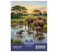 Jigsaw Puzzles for Adults 1000 Pieces Elephants at Watering Hole Painting Jigsaw for Adults Relax Games Hand Speed Race Challenging Game Gifts 52x38cm/1000pcs