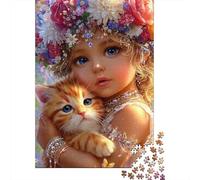 Jigsaw Puzzles for Adults 1000 Pieces Floral Crowned Child with Kitten Puzzles for Adults Relaxing Games Presents for Women Challenging Game Gifts 52x38cm/1000pcs