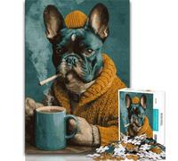 Jigsaw Puzzles for Adults 1000 Pieces French Bulldog Drinking Coffee Teenager Jigsaw,Interesting Stress Reduction Parent-child Interaction 26x38cm