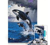 Jigsaw Puzzles for Adults 1000 Pieces Orcas Leaping from The Ocean Painting Toy Wall Decor Birthday Present Enhance Love between Couples 50x75cm
