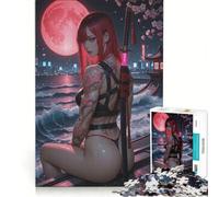 Jigsaw Puzzles for Adults 1000 Pieces Red-haired Tattooed Warrior with Katana Under The Moon Anti-Stress Toys Analysis And Logic Artists Collection Fine Art 38x52cm
