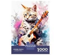 Jigsaw Puzzles for Adults 1000 Pieces Savannah Cat Playing Guita Puzzle for Adults Brain Teaser Game Birthday Present Educational Challenge 52x38cm/1000pcs