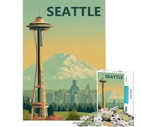 Jigsaw Puzzles for Adults 1000 Pieces Seattle Travel Vintage Poster with Space Needle Jigsaw 1000 Piece Toy Wall Decor Birthday Present Deal As Gifts for The Whole Family (50x75cm)