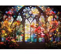 Jigsaw Puzzles for Adults 1000 Pieces, Stained Glass Window in an Old Church with Flowers and Birds 1000 Piece Jigsaw Puzzle, for Adults, 19.5 x 27.5 Inch