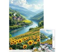 Jigsaw Puzzles for Adults 1000 Pieces Sunflower Field by River And Village Impossible Game Difficult Challenge Educational Toy Improving Love between Couples (50X75cm)