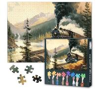 Jigsaw Puzzles for Adults 1000 Pieces - Vintage Retro Steam Train Journey Through Frosty Coniferous Forest, Cool Adult Puzzle Art, 27.5x19.7 inches
