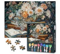 Jigsaw Puzzles for Adults 1000 Pieces, Vintage Still Life with Old Books and Peony Flowers on Wooden Table 1000 Piece Puzzle, Difficult Impossible, 19.5 x 27.5 Inch