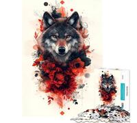 Jigsaw Puzzles for Adults 1000 Pieces Wolf with Red Flowers Help The Brain Exercise Tough Challenge Educational Game for Age 14+ Game (50x75cm)