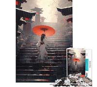 Jigsaw Puzzles for Adults 1000 Pieces Woman in Kimono with Umbrella on Stairs for Educational Game Learning Educational Toys Secret Santa Gifts Home Decoration (Size 75x50cm)