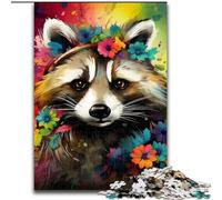 Jigsaw Puzzles for Adults 1000 Raccoon Wearing Flowers Made of Wood, Perfect for Family Fun on Birthdays, Christmas 50x75cm for Home Decor, Brain Training