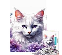 Jigsaw Puzzles for Adults 1000 White Cat Surrounded by Purple Flowers Challenging To Complete Precision Cutting Family Game for Ages 14 And over (50x75cm)