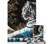 Jigsaw Puzzles for Adults 1000 White Tiger with Blue Flames Educational Toy Art Work Gift Educational Game Artists' Collection, Fine Arts Size 50x75cm