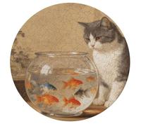 Jigsaw Puzzles for Adults 195 Pieces Cat and Fish Bowl Round Wooden Puzzle, Challenging Decorative Puzzles