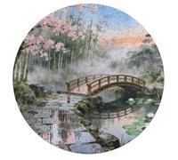 Jigsaw Puzzles for Adults 195 Pieces Cherry Blossom Bridge Round Wooden Puzzle, Challenging Decorative Puzzles