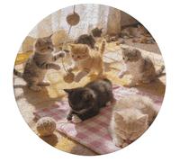 Jigsaw Puzzles for Adults 195 Pieces Kitten Party Round Wooden Puzzle, Challenging Decorative Puzzles