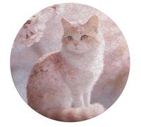 Jigsaw Puzzles for Adults 195 Pieces Pink Cherry Blossom Cat Round Wooden Puzzle, Challenging Decorative Puzzles