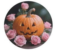 Jigsaw Puzzles for Adults 195 Pieces Pumpkin and Pink Roses Round Wooden Puzzle, Challenging Decorative Puzzles