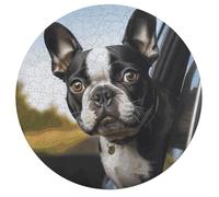 Jigsaw Puzzles for Adults 195 Pieces Puppy Dog Boston Terrier Round Wooden Puzzle, Challenging Decorative Puzzles