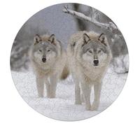 Jigsaw Puzzles for Adults 195 Pieces Two Wolves Walking in The Snow Round Wooden Puzzle, Challenging Decorative Puzzles