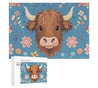 Jigsaw Puzzles for Adults 300 PCS Cute Highland Cow Floral Background Jigsaw Relaxing Games Analysis And Logic Unique Birthday And Xmas Gifts 300 PCS
