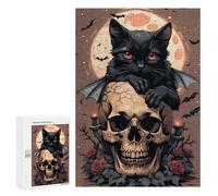 Jigsaw Puzzles for Adults 300 PCS Halloween Black Cat on Skull -2 Puzzle for Adults Relax Games Difficult Hard Gifts for Friends And Family 300 PCS
