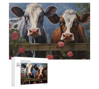 Jigsaw Puzzles for Adults 300 PCS Two Cows Behind A Fence with Pink Roses Jigsaw Relaxing Games Analysis And Logic Unique Birthday And Xmas Gifts 300 PCS