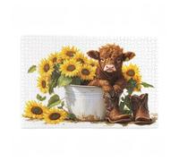 Jigsaw Puzzles for Adults 300 Piece Highland Cattle Large Puzzle Sunflower, Difficult Challenging Family Games for The Whole for Women, Wooden Jigsaws with Gift Box Packaging, Room Decor 38x26cm D-375
