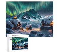 Jigsaw Puzzles for Adults 500 PCS Aurora Borealis Over Snowy Mountain Cabins Puzzle for Adults Relax Games Difficult Hard Gifts for Friends And Family 500 PCS