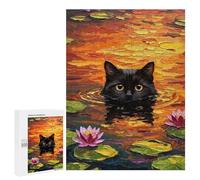 Jigsaw Puzzles for Adults 500 PCS Black Cat in Water Lilies Adult Puzzles Brain Teaser Game Presents for Women Gifts for Friends And Family 500 PCS