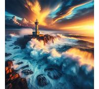 Jigsaw Puzzles For Adults 500 piece,Waves Lighthouse Sunset jigsaw puzzle 45x45 cm Challenging puzzles,DIY Puzzle for Home Decoration Family Perfect Game