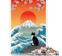 Jigsaw Puzzles for Adults 500 Pieces Wooden Puzzle Cat, Mount Fuji, And Cherry Blossoms Puzzles Artwork Puzzle Unique Birthday Gifts 500pcs (52x38cm)