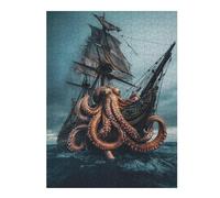 Jigsaw Puzzles for Adults 52x38cm/1000pcs Octopus Attacks Ship in Stormy Sea Puzzles for Adults Brain Teaser Game Wall Art Educational Challenge 52x38cm/1000pcs